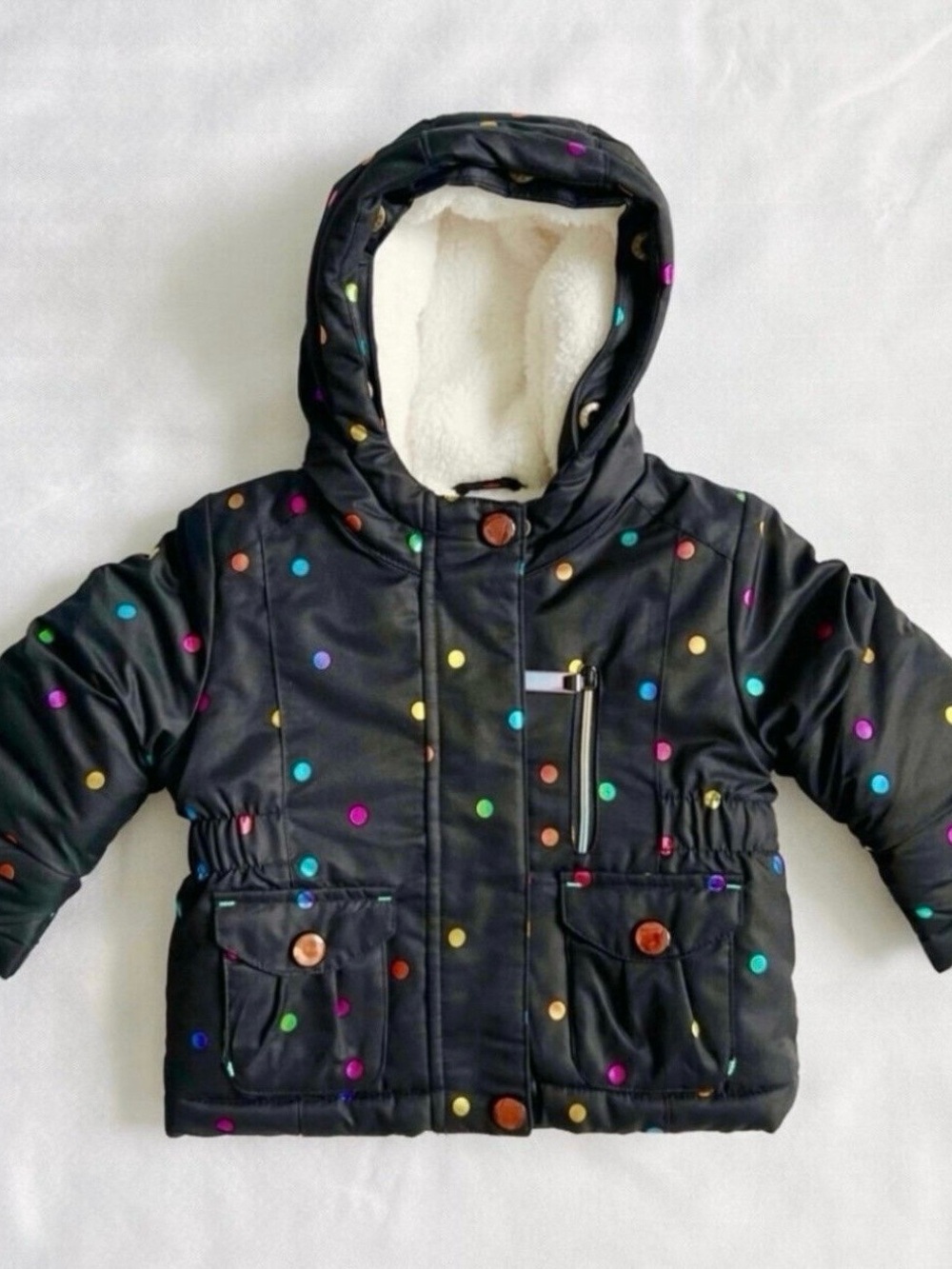 Kids Hooded Puffer Jacket with Rainbow Polka Dots - Black